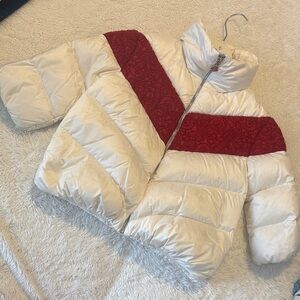 Moncler Kids Cream and Red Puffer Jacket